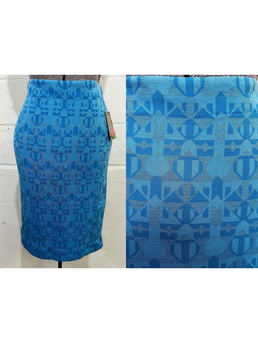 Vintage Geometric Fitted Blue Skirt Mini Mod Bodycon Turquoise 1970s Small